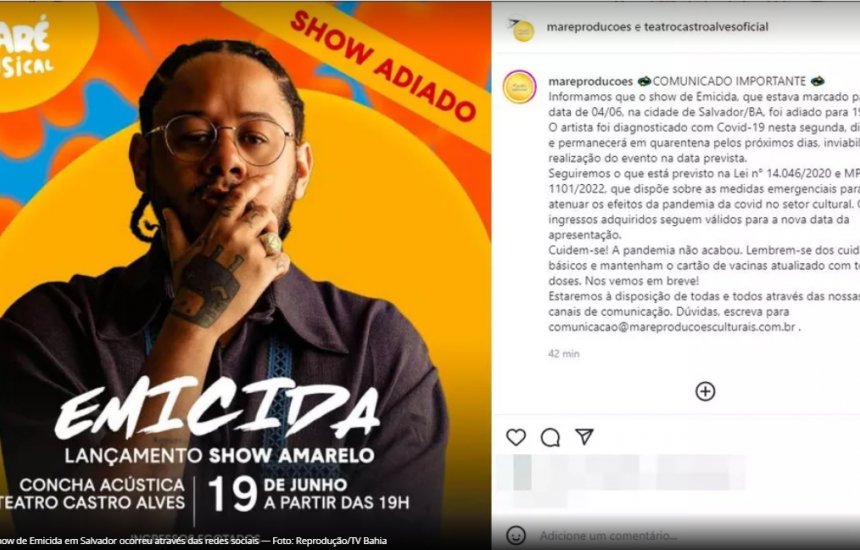[Show de Emicida em Salvador é adiado após artista ser diagnosticado com Covid-19]